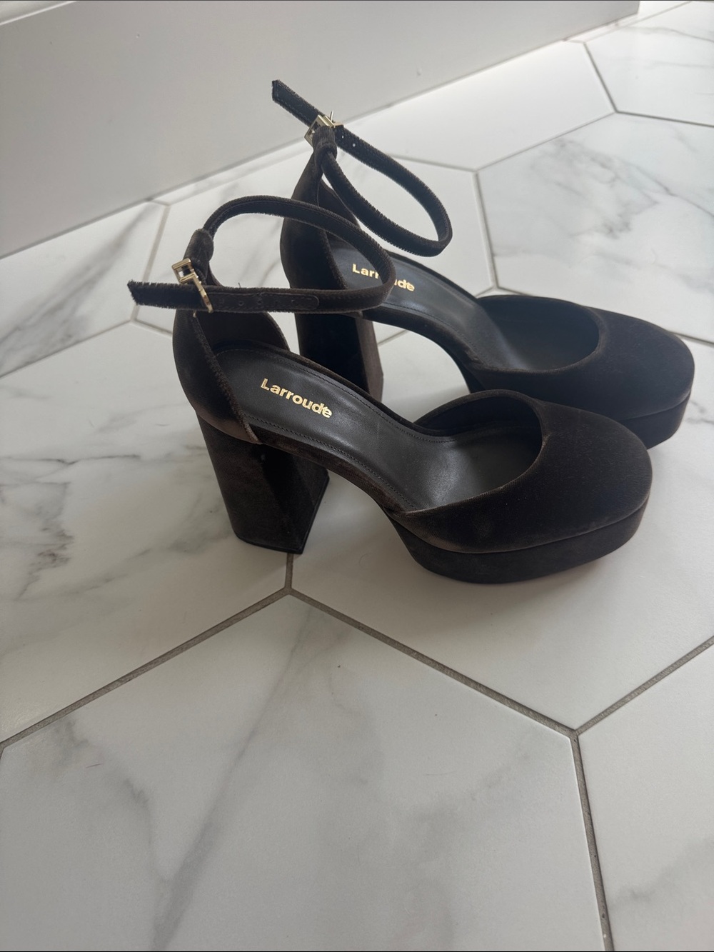Larroude Black Velvet Platform Block Heels with Ankle Strap